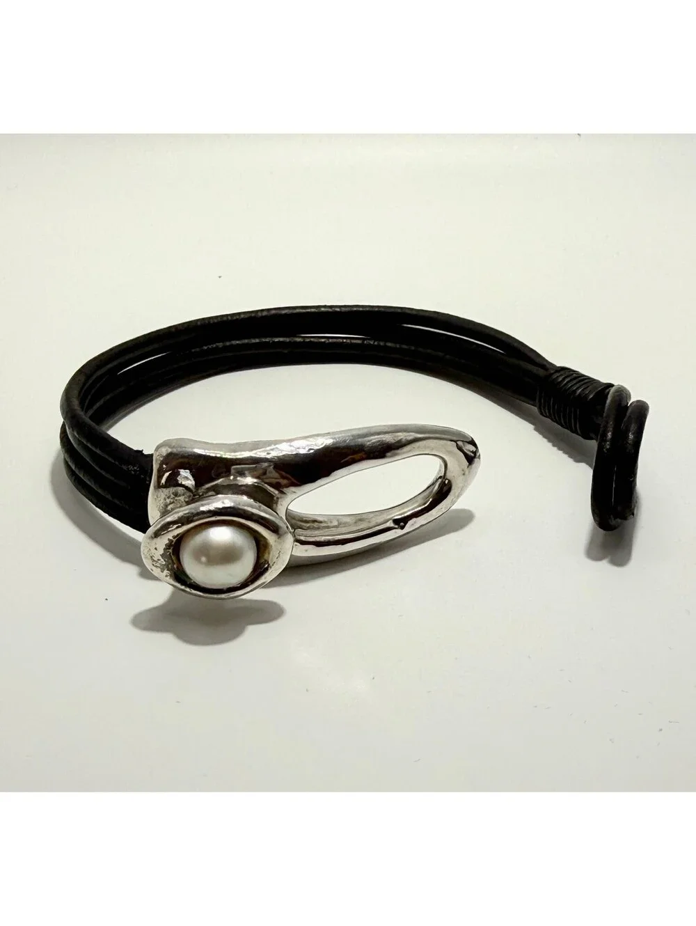 Israeli Silver & Black Leather Wrap Cuff Bracelet with Freshwater Pearl